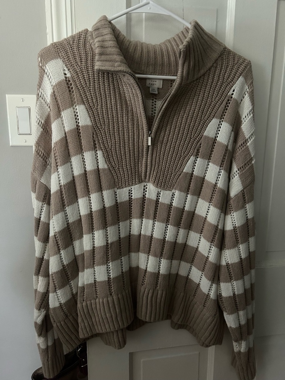 a new day Taupe and White Striped Half-Zip V-Neck Sweater